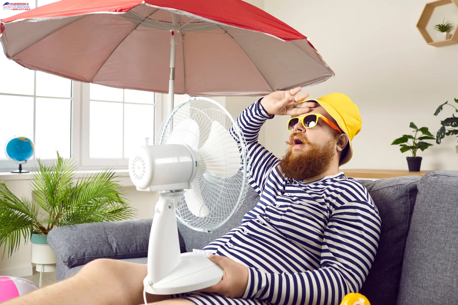 Broken AC in the middle of Summer - Man with fan and umbrellaHeat Waves